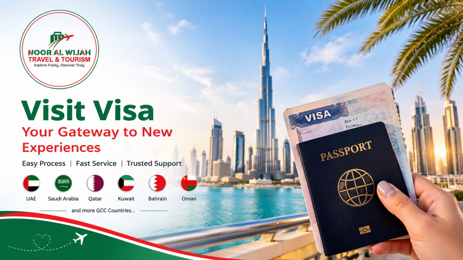 Visit Visa service banner with Noor Al Wijah branding and Dubai skyline